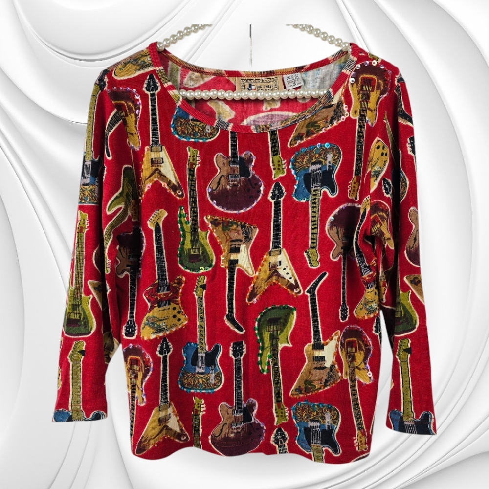 Don't Mess With Texas Pullover With Guitars and Beads and Sequins